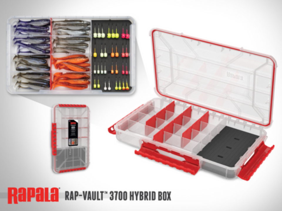 Rapala Rap-Vault 3700 Hybrid Box with slotted foam panel, fixed compartments, and adjustable dividers