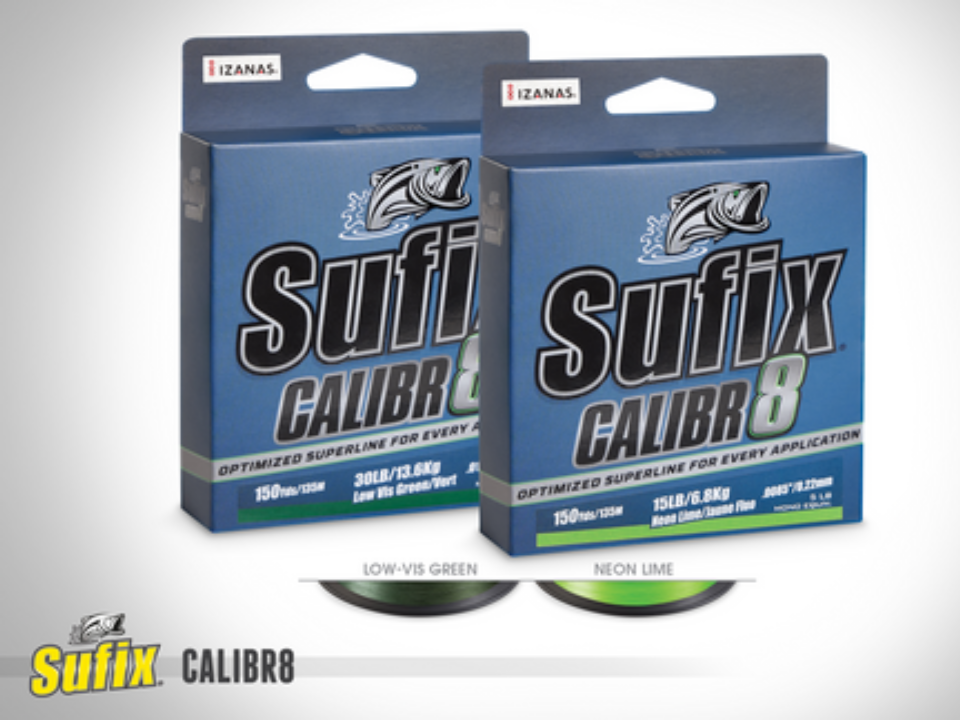 Sufix Calibr8 braided line boxes in low-vis green and neon lime