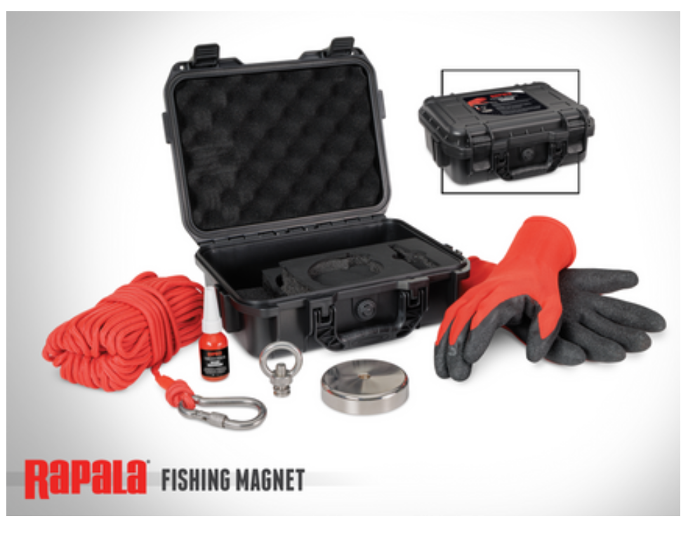 Rapala Fishing Magnet kit with case, 550 lb magnet, rope, and gloves