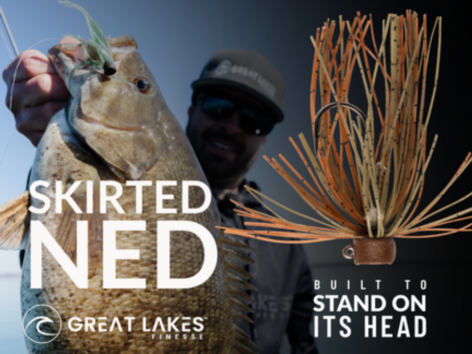 Great Lakes Finesse Skirted Ned jig head with wire-tied finesse skirt, shown standing head-down