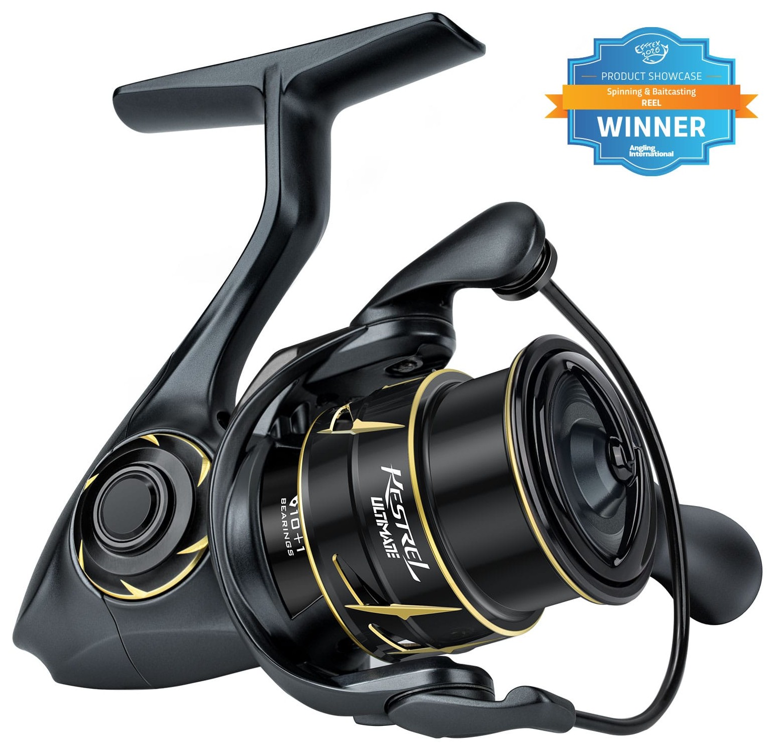 KastKing Kestrel Ultimate SFS spinning reel in black and gold with EFTTEX 2026 winner badge