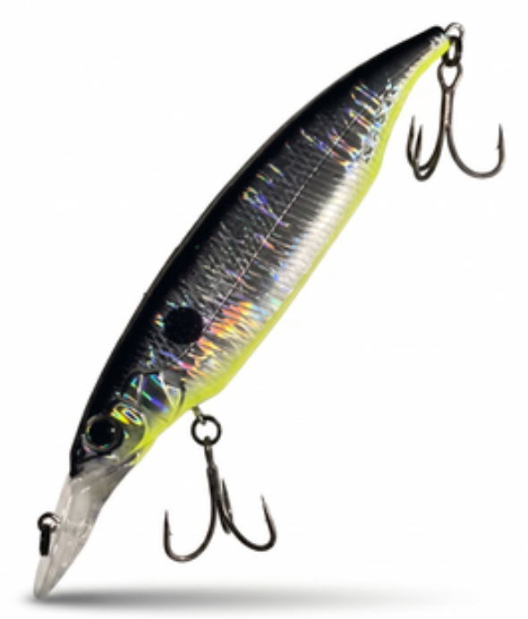 The Nasty 360 suspending jerkbait-crankbait hybrid in black and silver with chartreuse belly