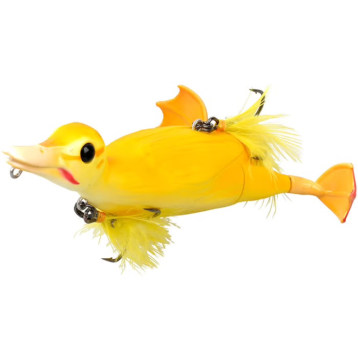 Savage Gear 3D Suicide Duck yellow duckling topwater lure with spinning feet and feathered treble hooks