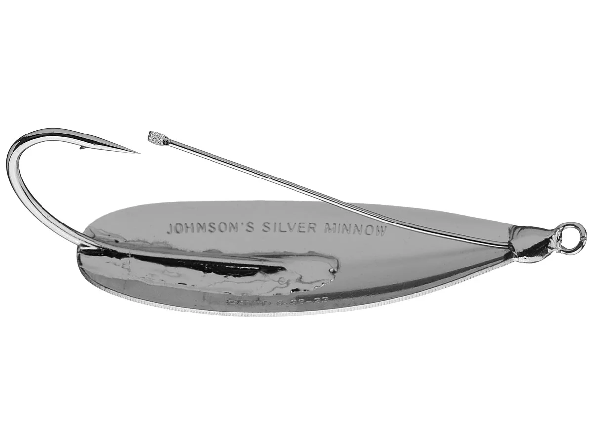 Johnson Silver Minnow weedless spoon in silver with wire weedguard