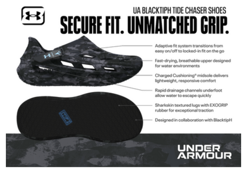 Under Armour BlacktipH Tide Chaser shoe with drainage channels and EXOGRIP sole