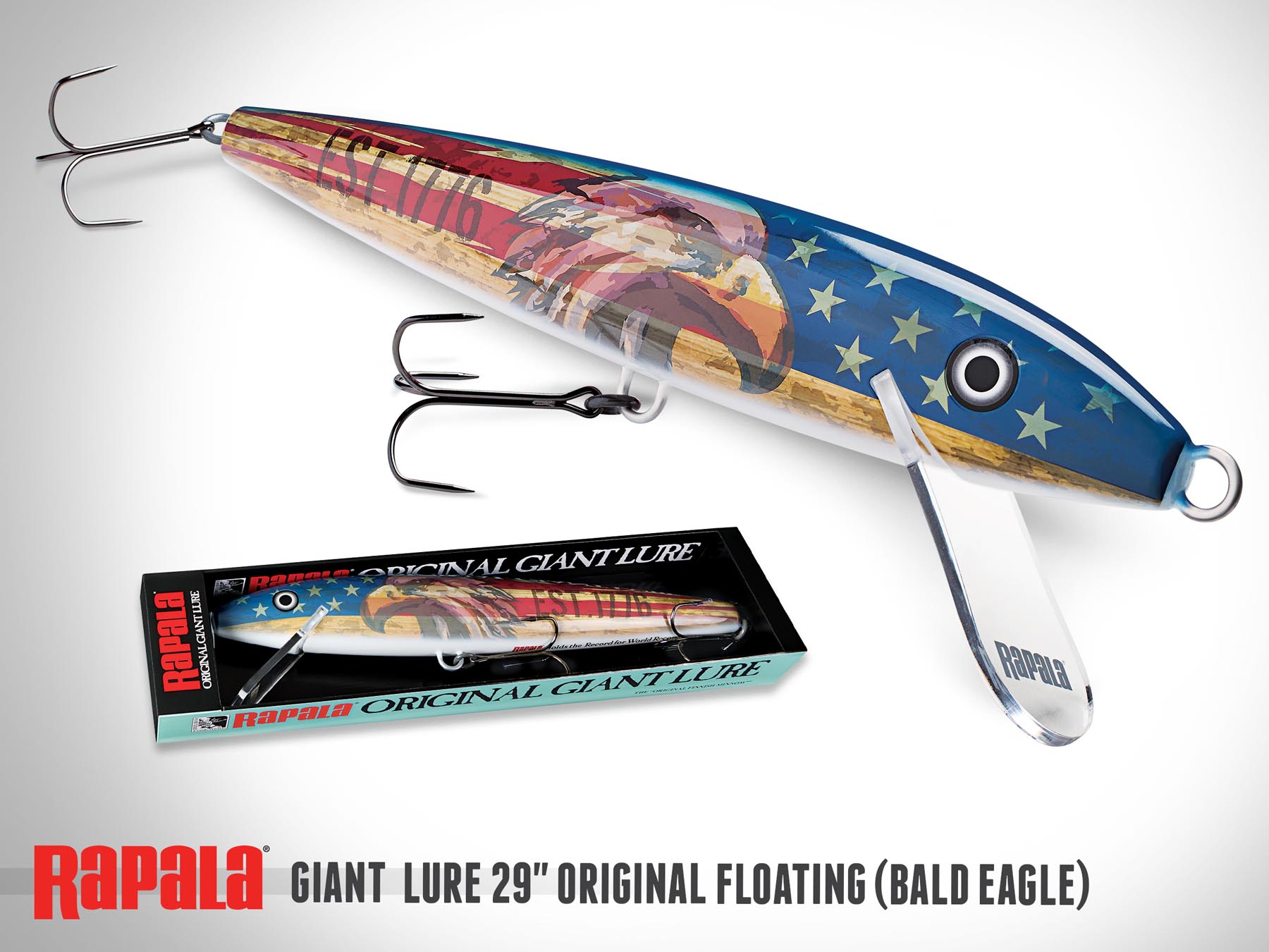 Rapala 29-inch Giant Lure in Bald Eagle livery with retail packaging