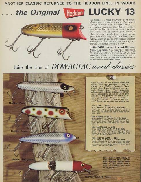 Vintage Heddon advertisement for the wooden Lucky 13