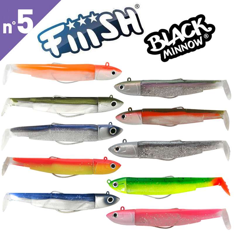 Fiiish Black Minnow soft shad lures in assorted colors showing the PH2S jighead system
