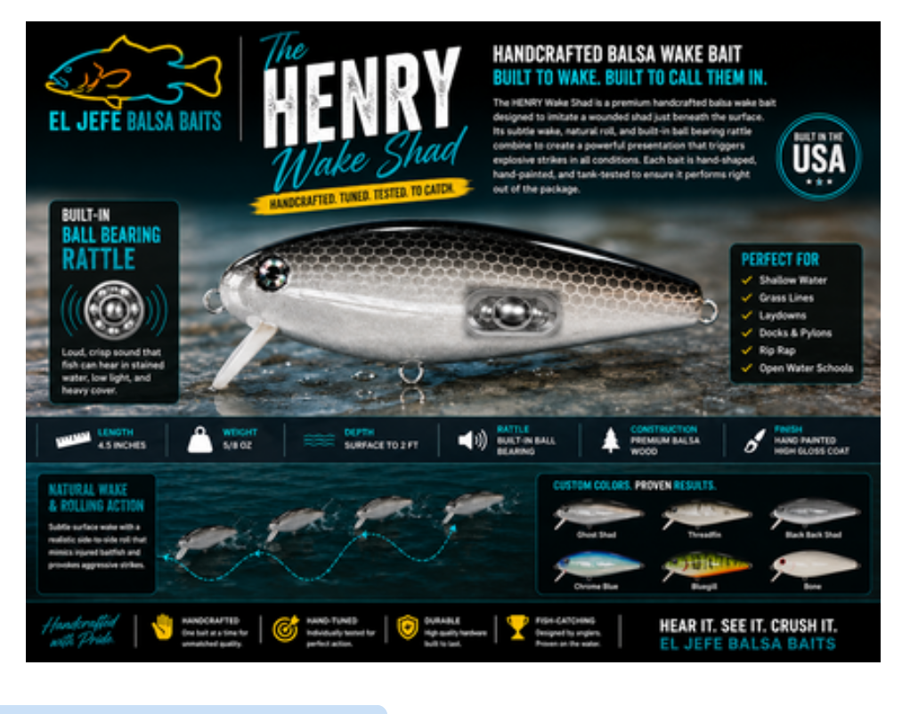 El Jefe Balsa Baits Henry Wake Shad — handcrafted balsa wake bait with ball bearing rattle